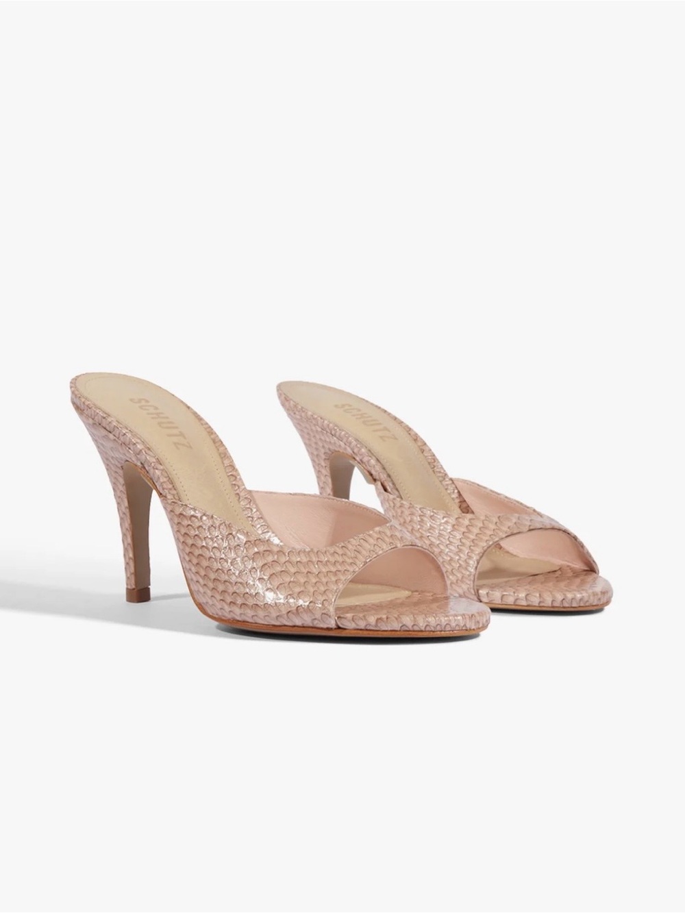 SCHUTZ Blush Pink Snake Print Leather Open-Toe Mule Heels Size 7